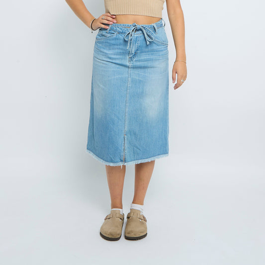 Denim Washed Belt Detail Frayed Midi Skirt - UK 10