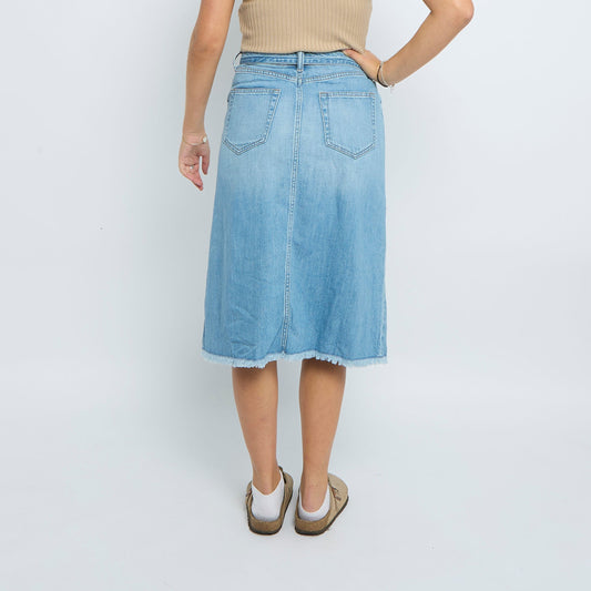 Denim Washed Belt  Frayed Midi Skirt - UK 10