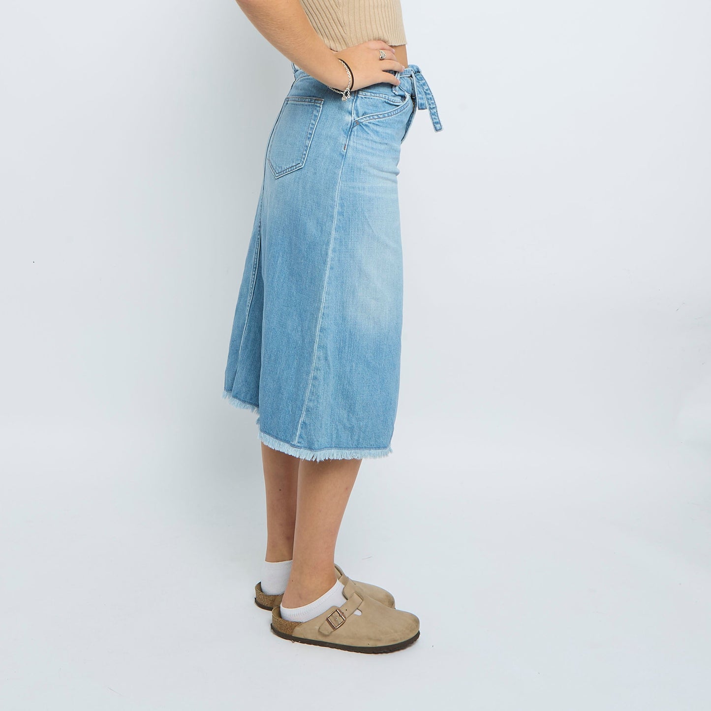 Denim Washed Belt  Frayed Midi Skirt - UK 10