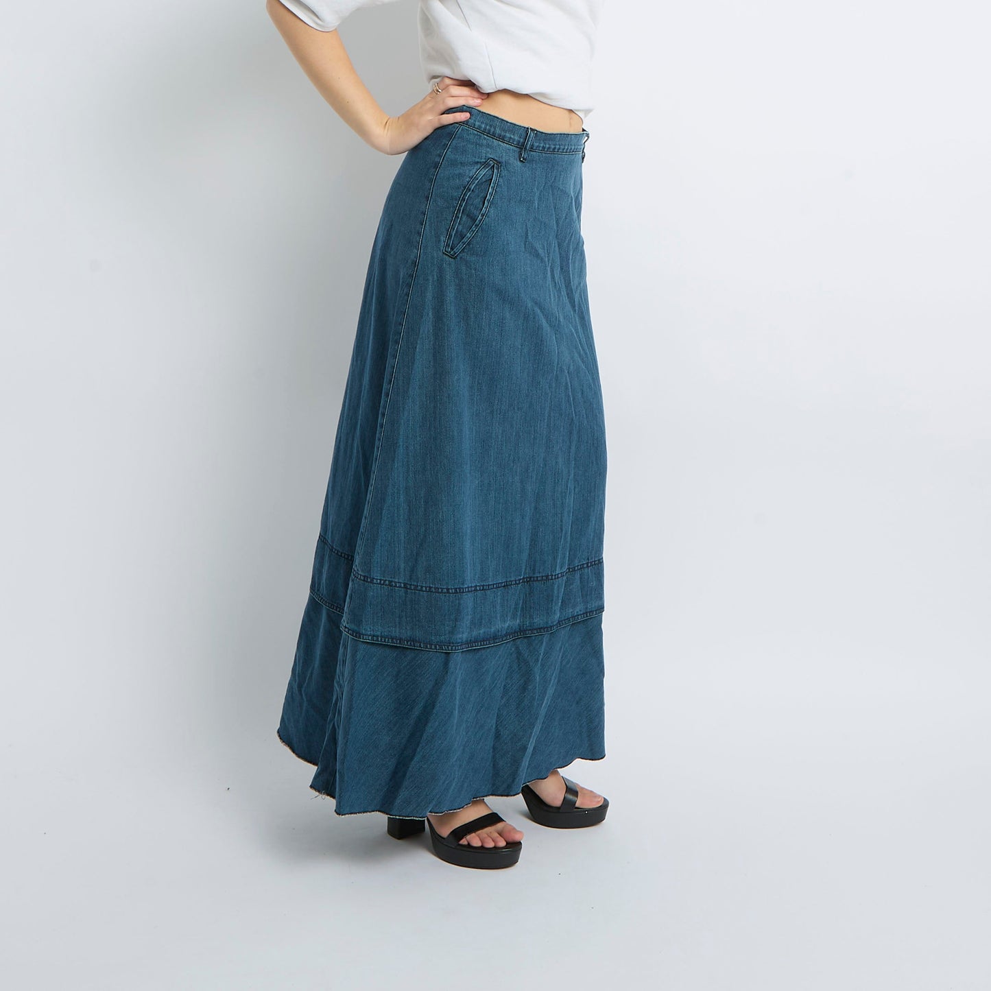 Denim Tiered Maxi Skirt - UK 10