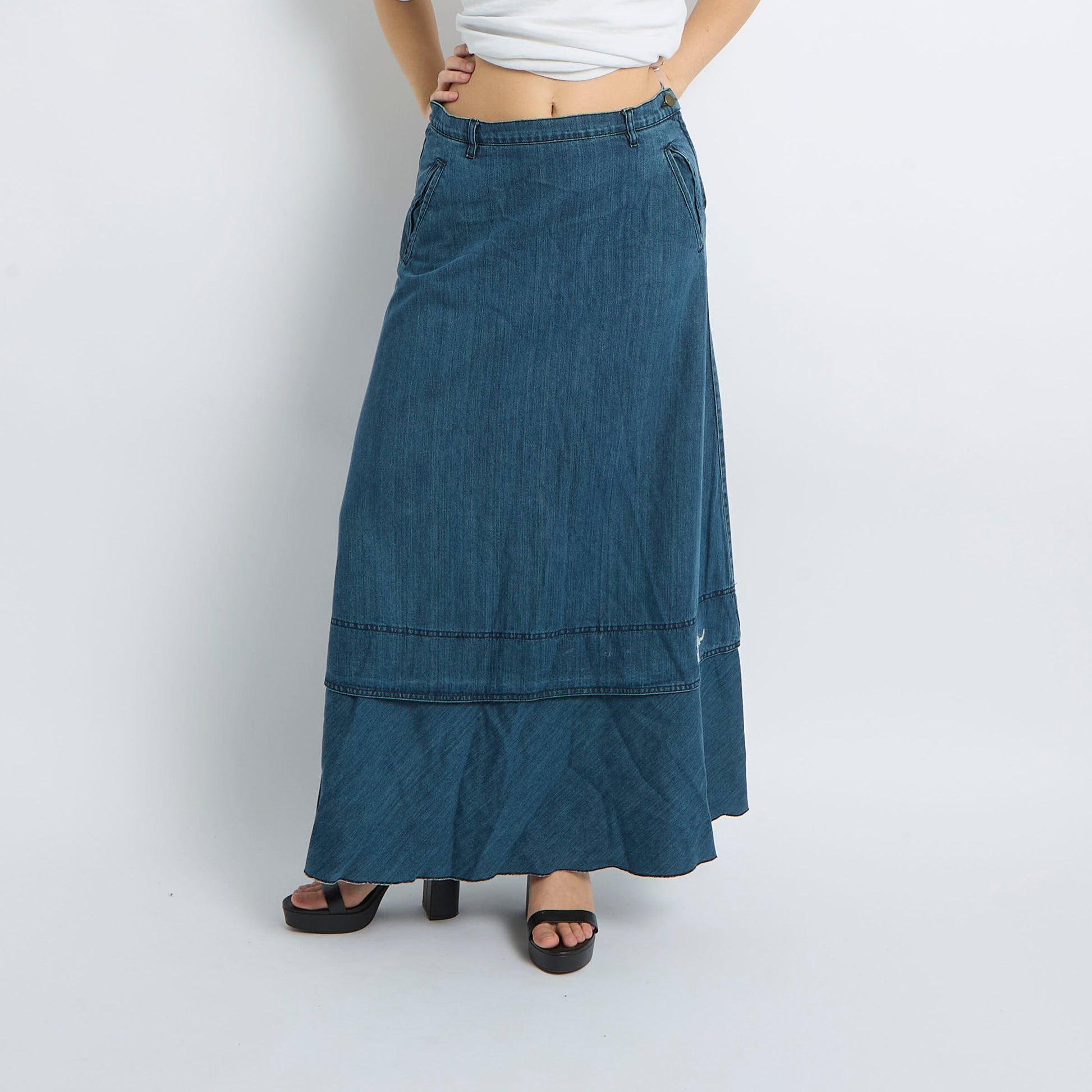 Denim Tiered Maxi Skirt - UK 10