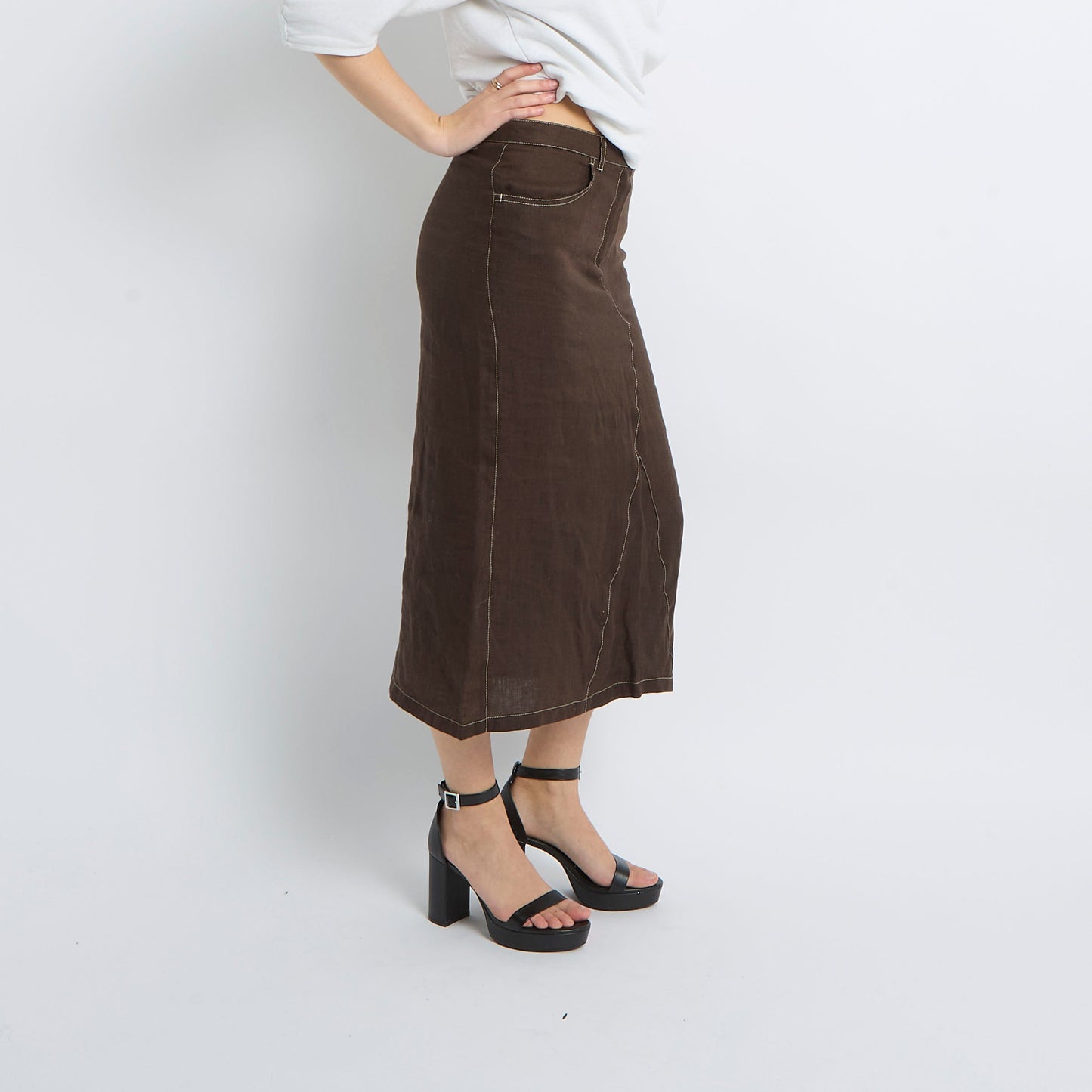 Contrast Stitch Linen Maxi Skirt - UK 10