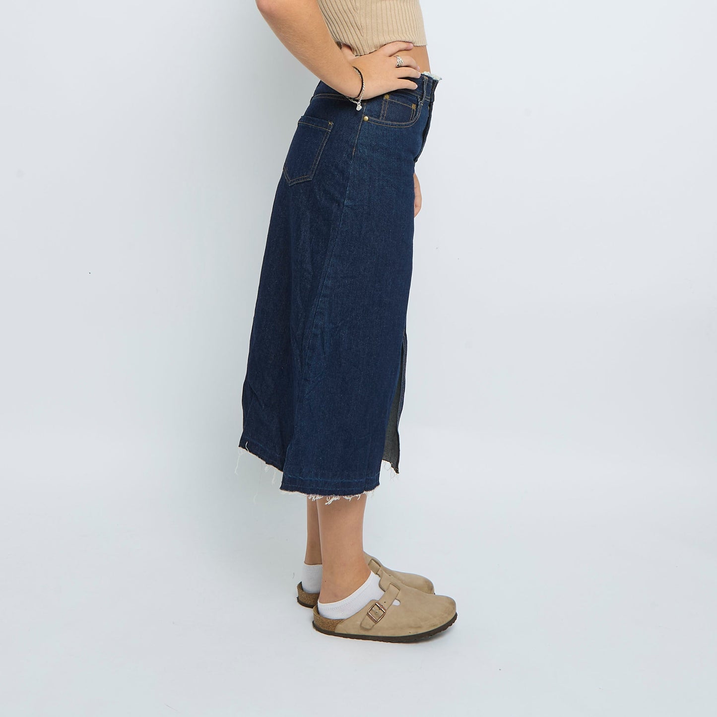 Denim Frayed Midi Skirt - UK 10