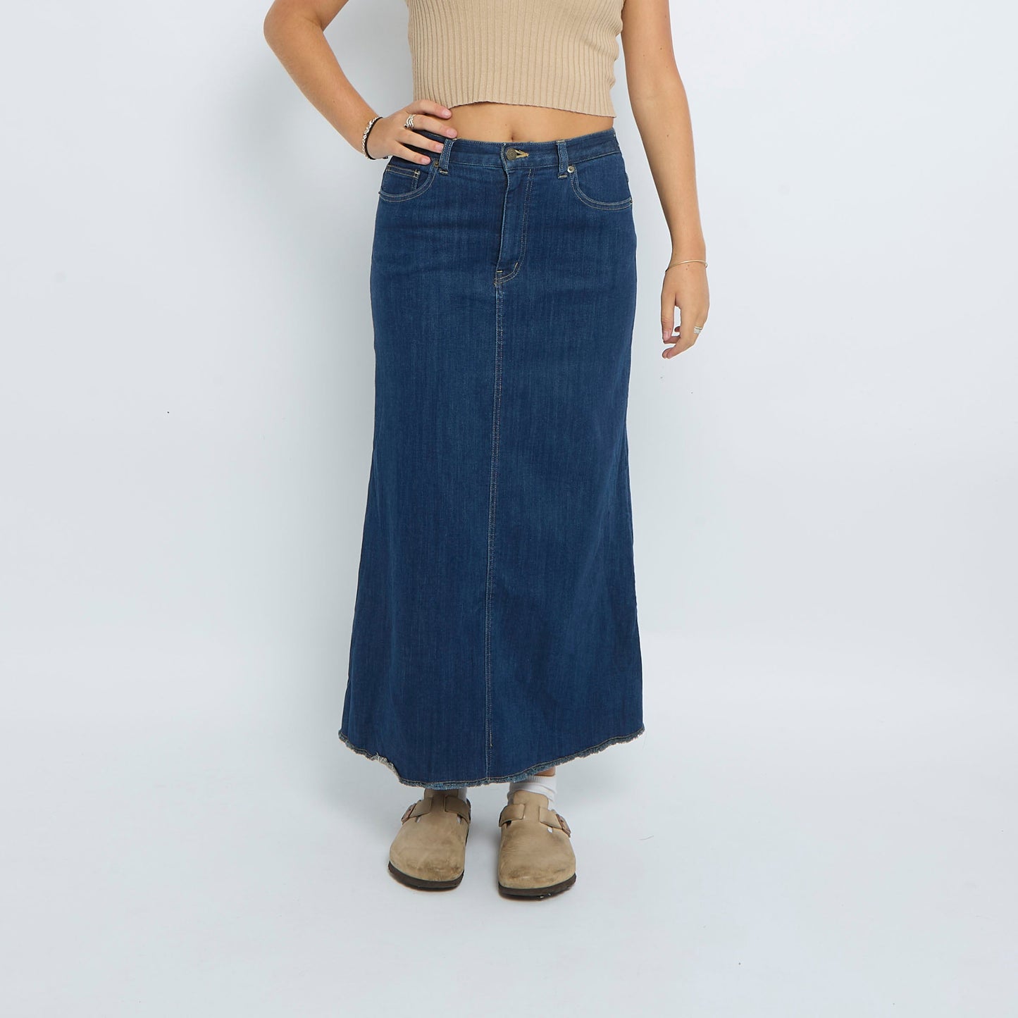 Denim Frayed Maxi Skirt - UK 10