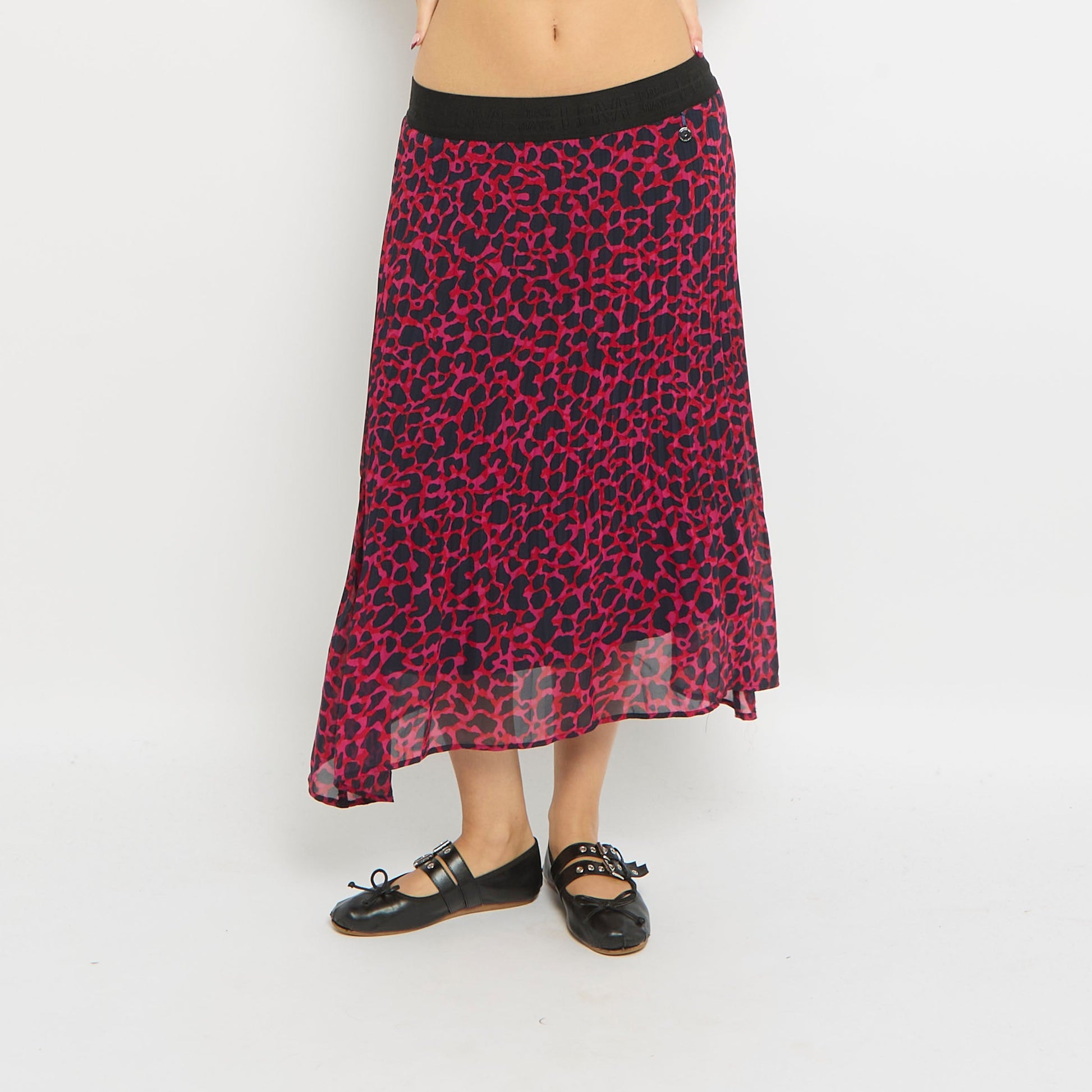 Leopard Print Pleated Elastic Waist Band Midi Skirt-UK 10