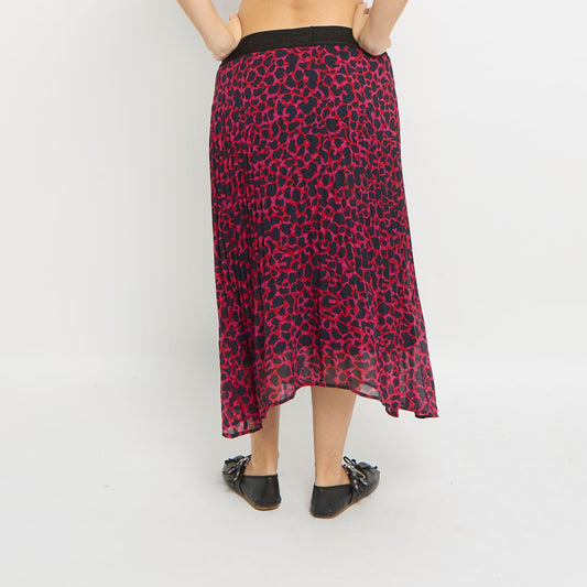 Leopard Print Pleated Elastic Waist Band Midi Skirt-UK 10