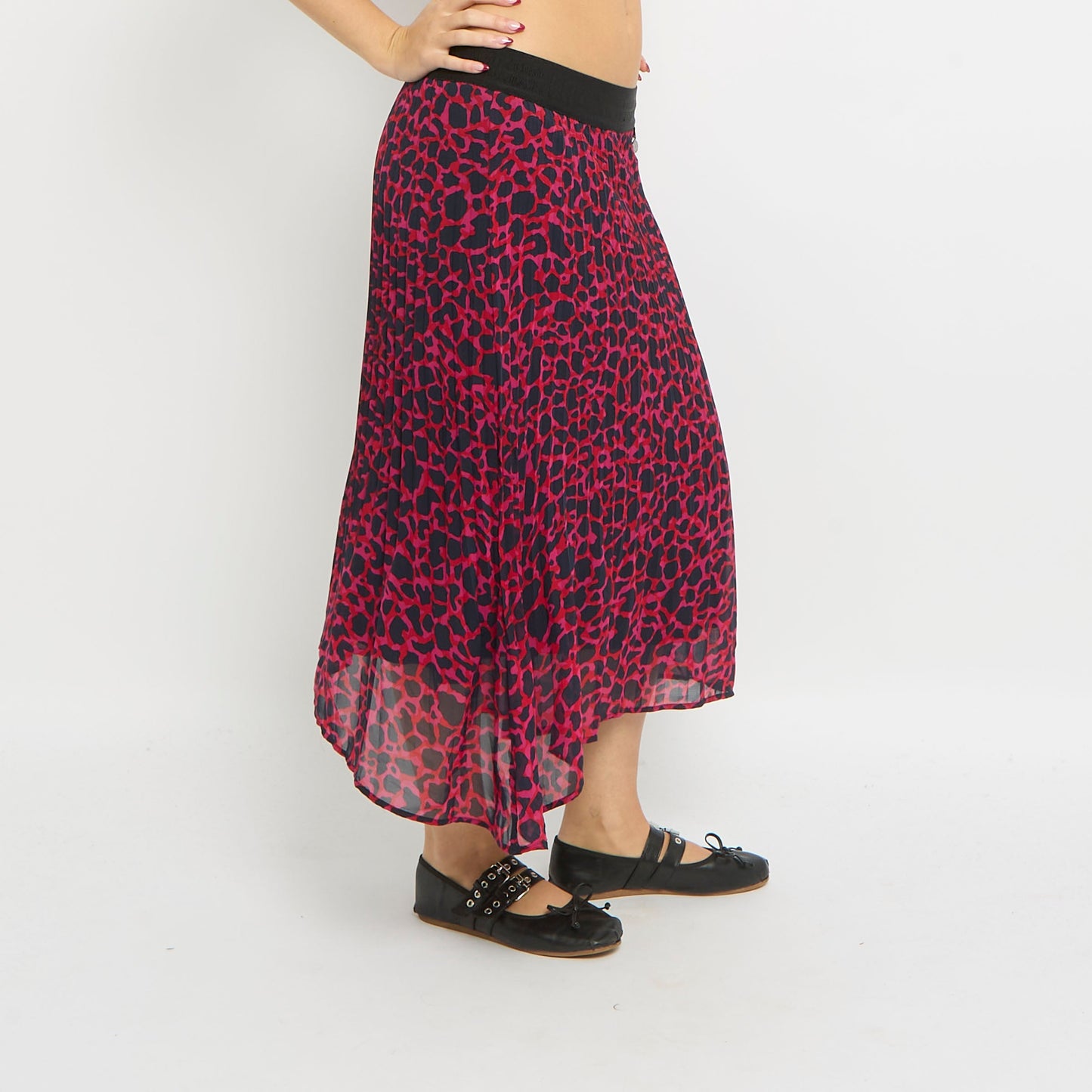 Leopard Print Pleated Elastic Waist Band Midi Skirt-UK 10