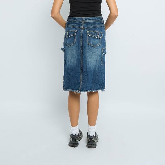 Denim Front Split Frayed Midi Skirt - UK 12