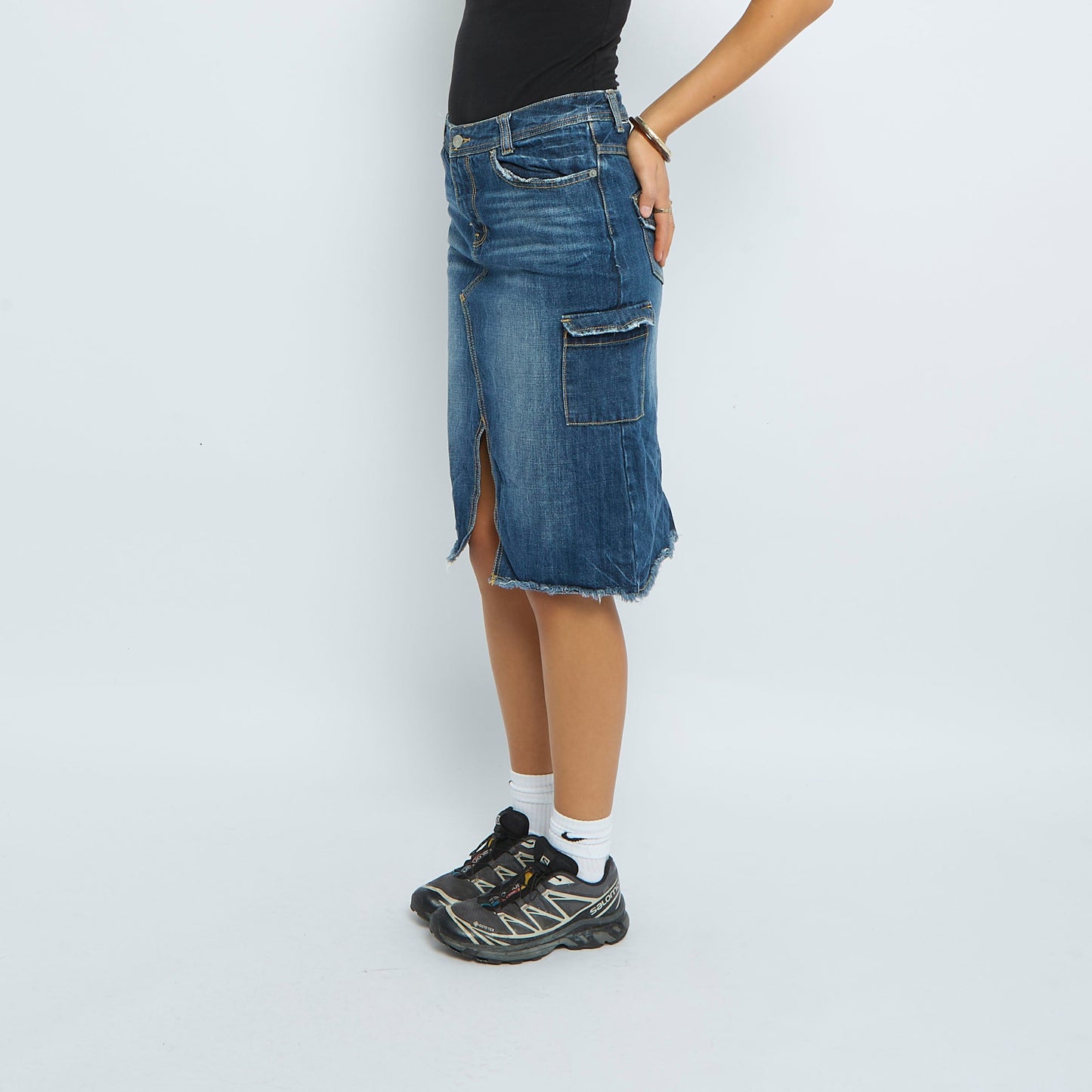 Denim Front Split Frayed Midi Skirt - UK 12