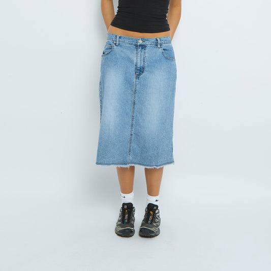 Denim Washed Frayed Midi Skirt - UK 12