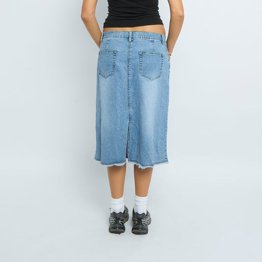 Denim Washed Frayed Hem Midi Skirt - UK 12