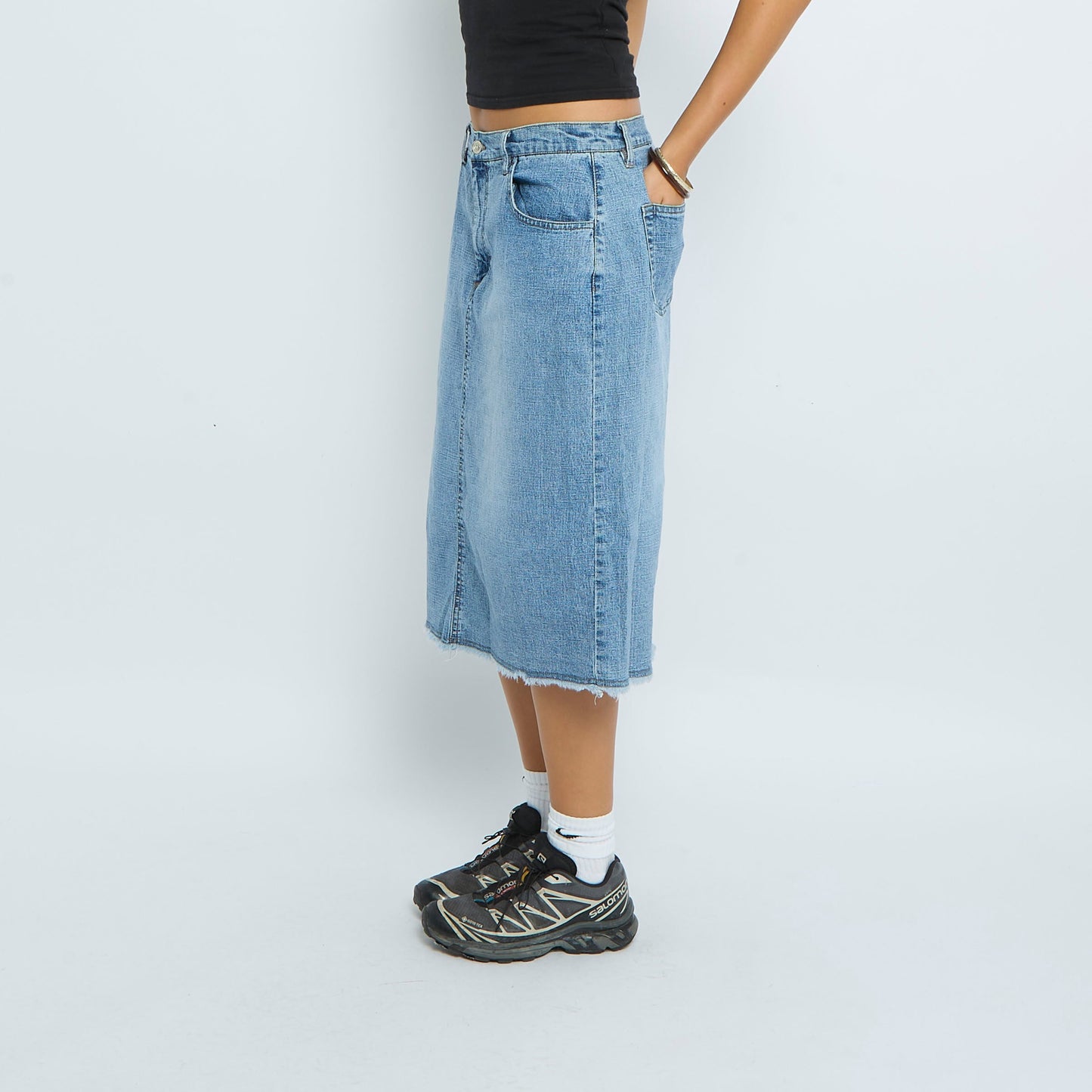 Denim Washed Frayed Hem Midi Skirt - UK 12