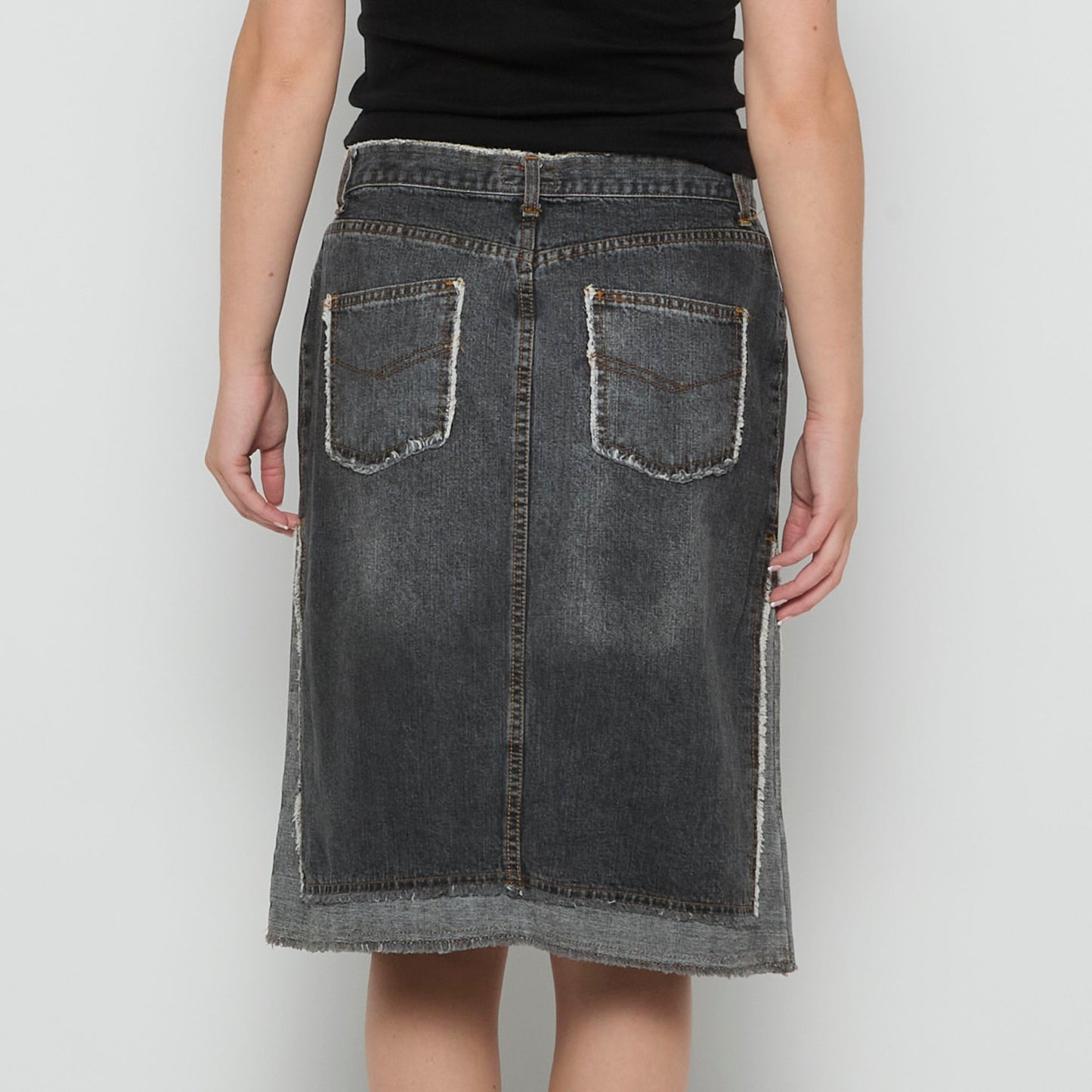 Black Denim Frayed Waist and Pocket Detail Skirt - UK 12