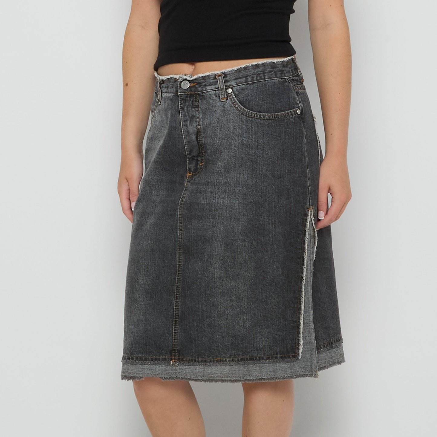 Black Denim Frayed Waist and Pocket Detail Skirt - UK 12