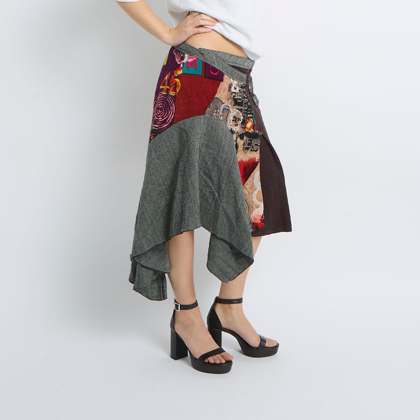 Patchwork Asymmetric Midi Skirt - UK 12