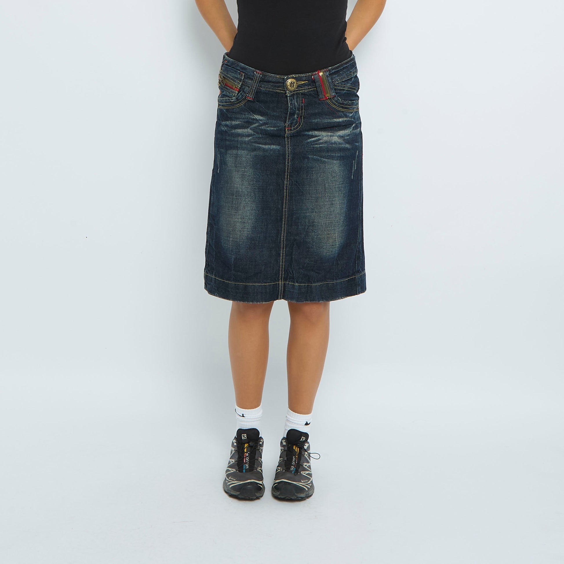 Denim Button Detail Washed Midi Skirt - UK 12