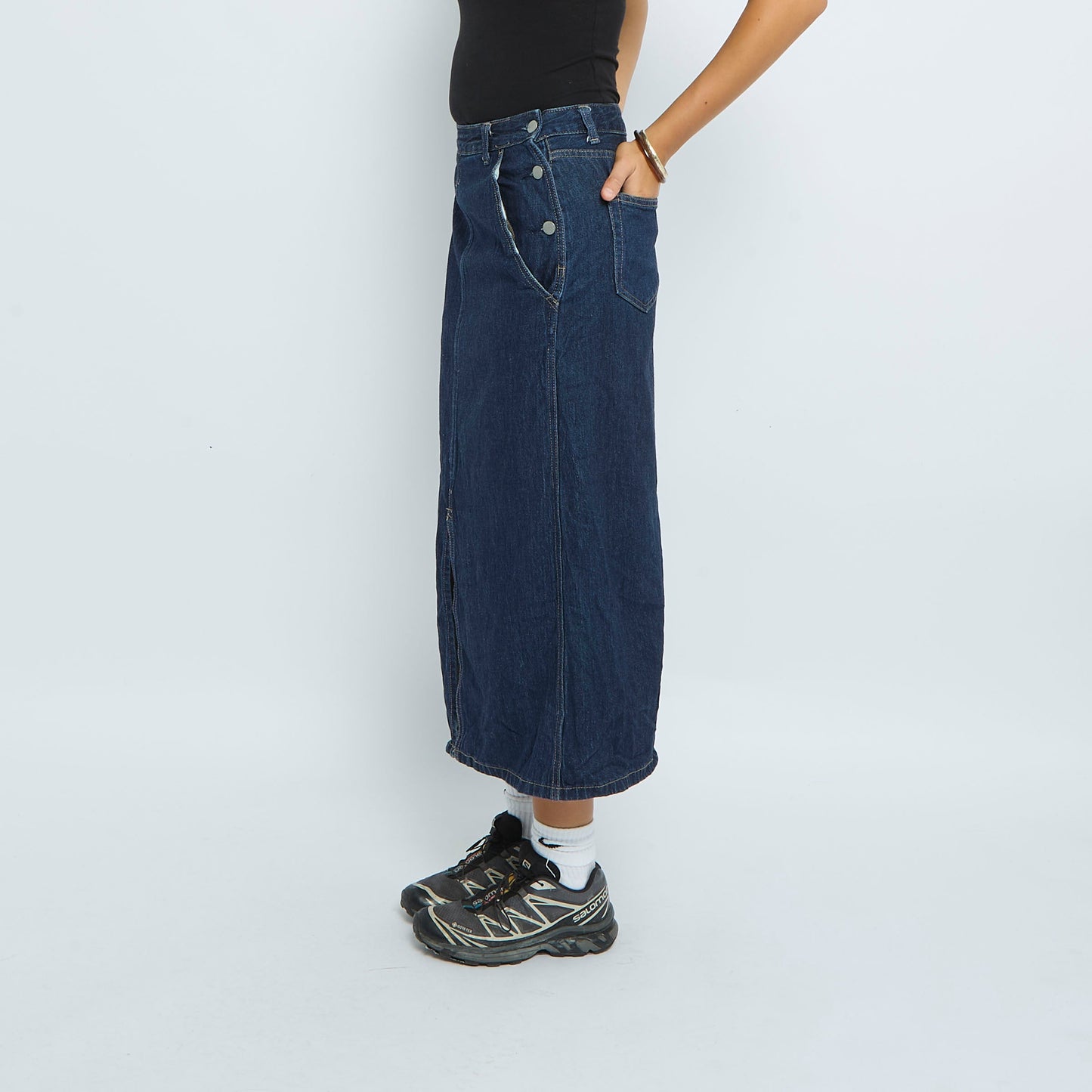 Denim Side Button Midi Skirt - UK 14