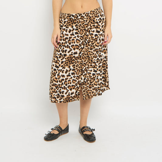 Leopard Print Button Pleated Midi Skirt - UK 6