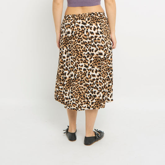 Leopard Print Button Pleated Midi Skirt - UK 6