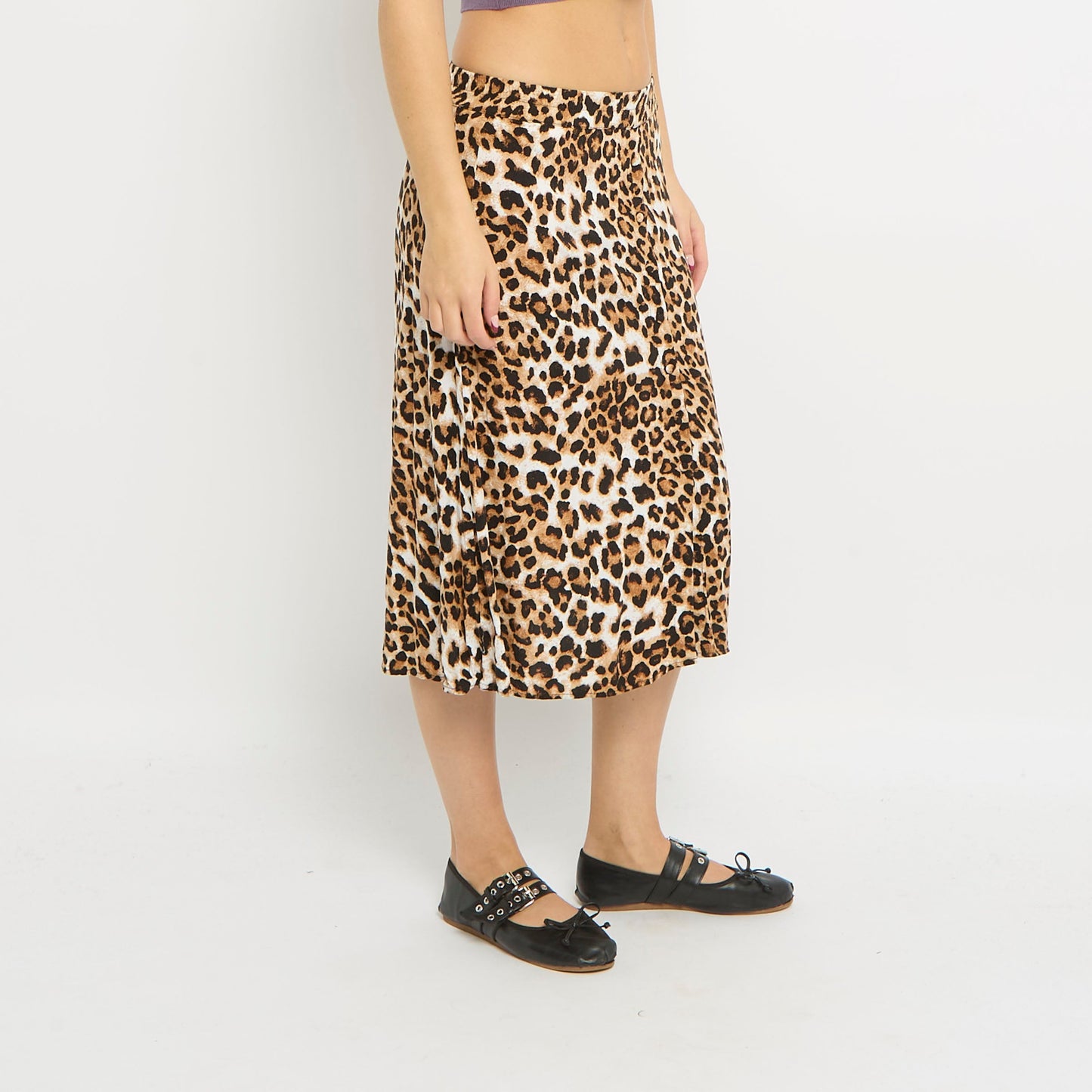 Leopard Print Button Pleated Midi Skirt - UK 6