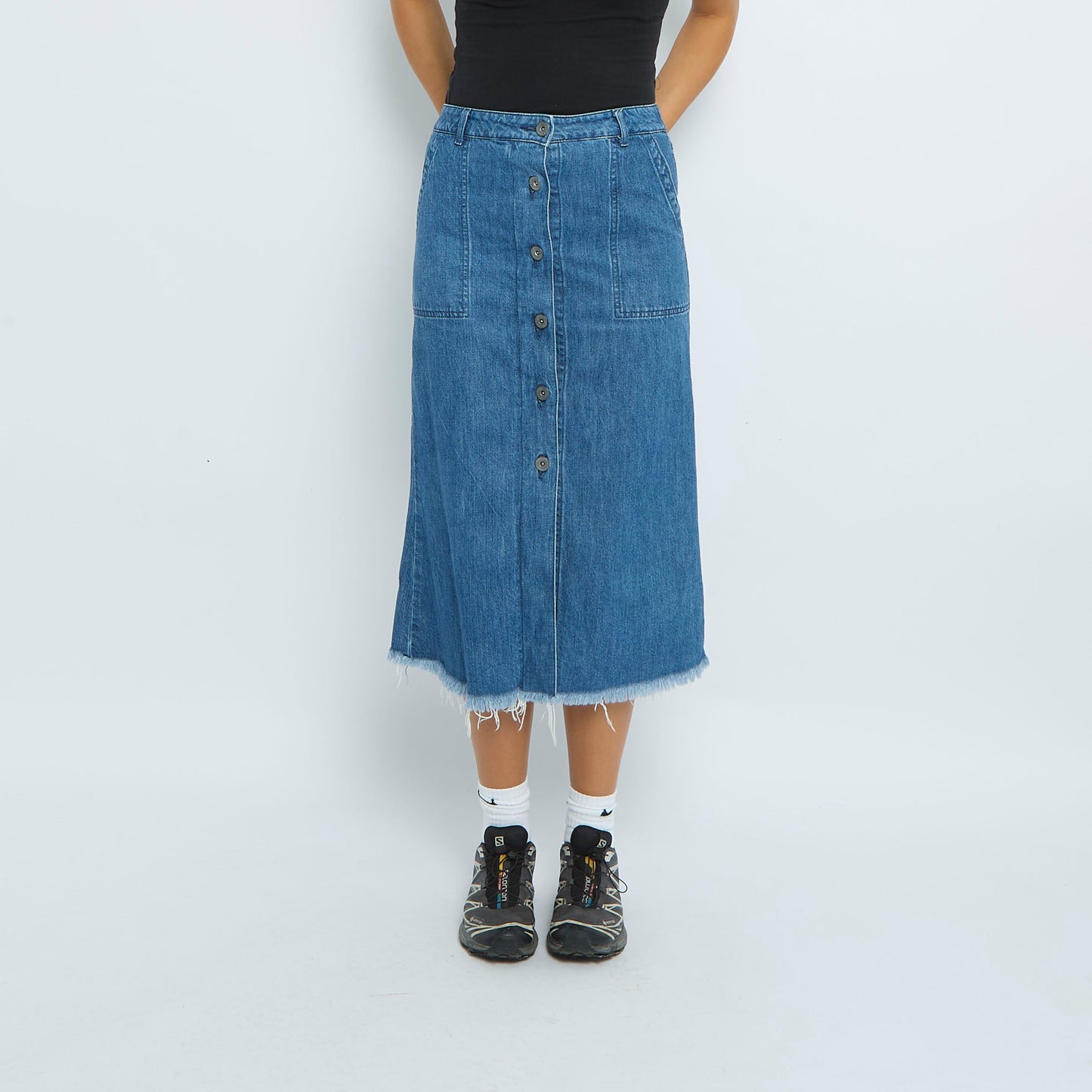 Denim Buttoned Frayed Midi Skirt - UK 6