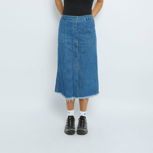 Denim Buttoned Frayed Midi Skirt - UK 6