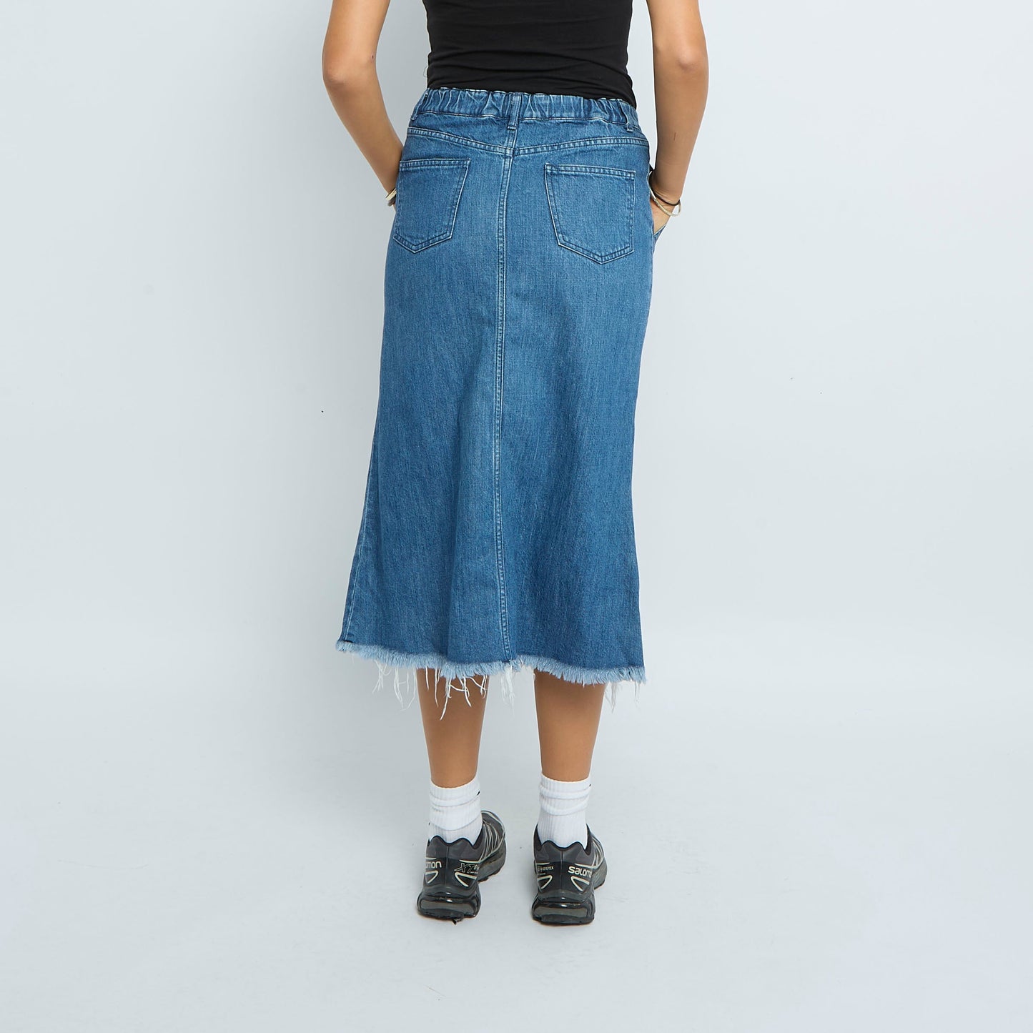 Denim Buttoned Frayed Midi Skirt - UK 6