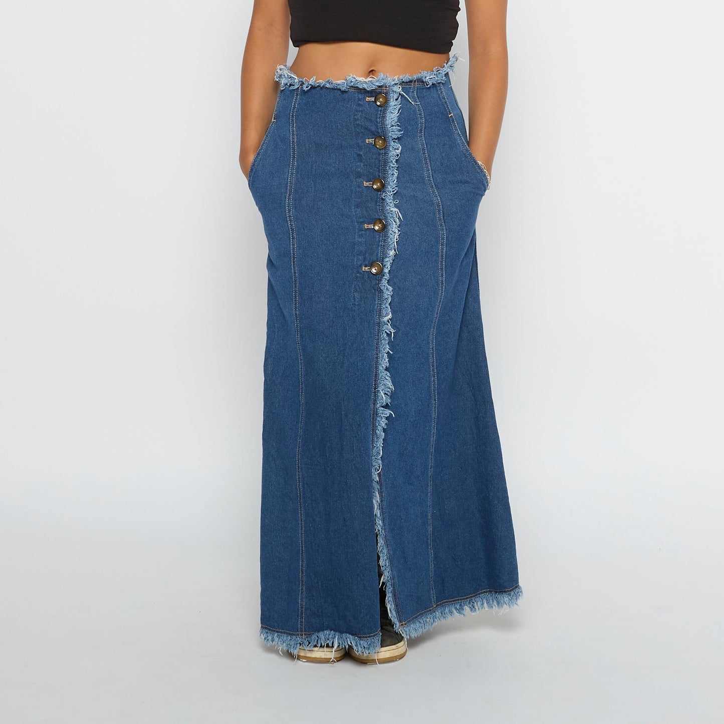 Frayed Button Detail Maxi Denim Skirt - UK 8