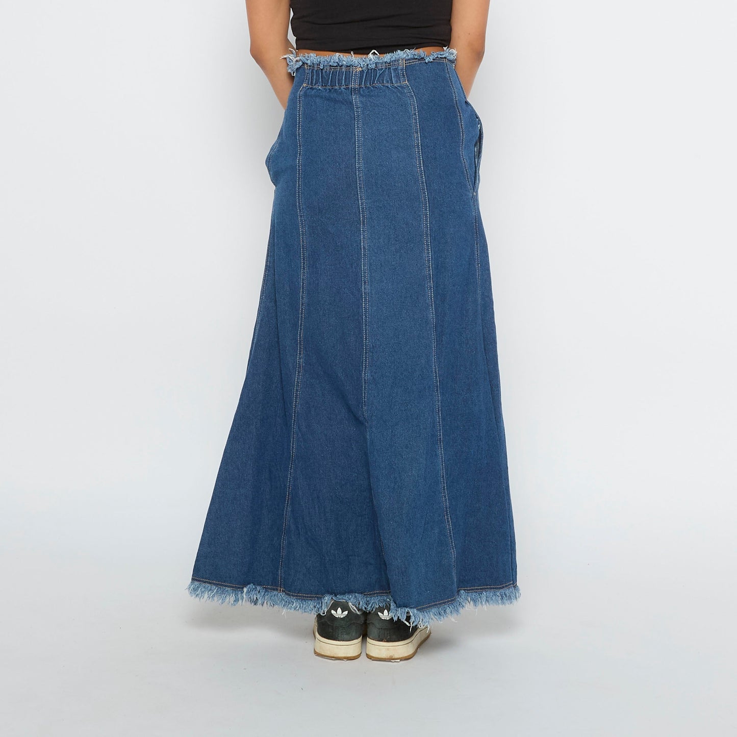 Frayed Trim 5 Button Maxi Denim Skirt - UK 8