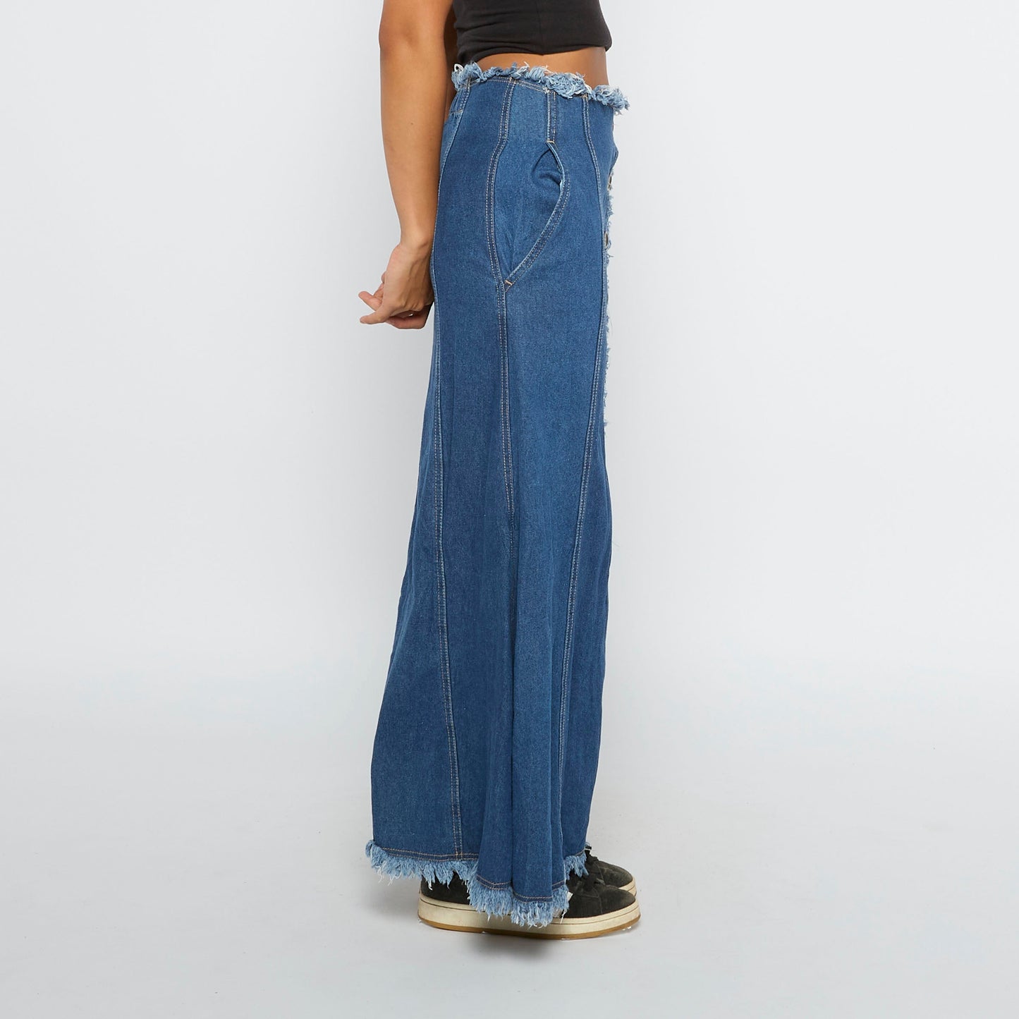 Frayed Trim 5 Button Maxi Denim Skirt - UK 8