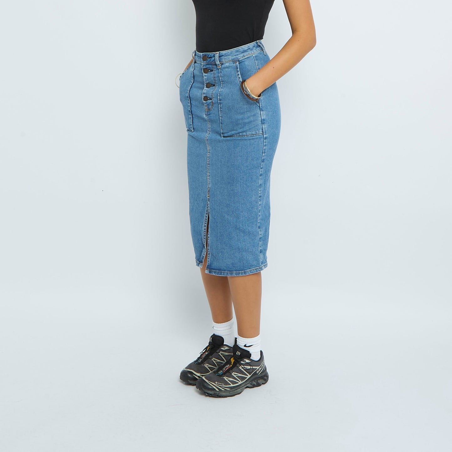 Denim Workwear Pocket Button Fly Midi Skirt - UK 8