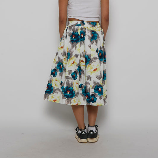 Watercolour Look Large  Flower Midi Skirt - UK 8