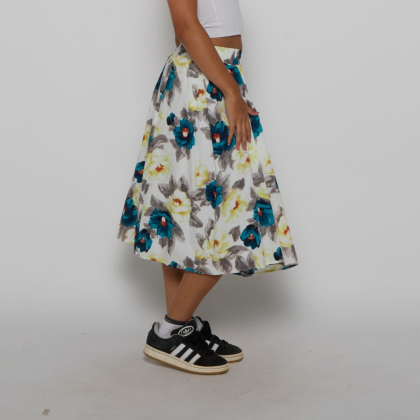 Watercolour Look Large  Flower Midi Skirt - UK 8