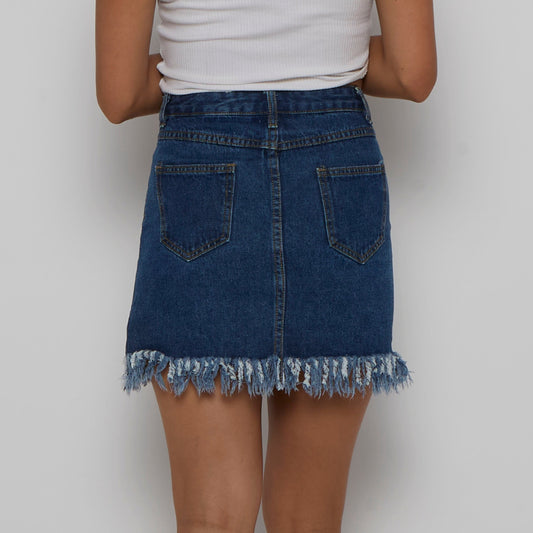 Fringe Hem Denim Skirt - UK 8