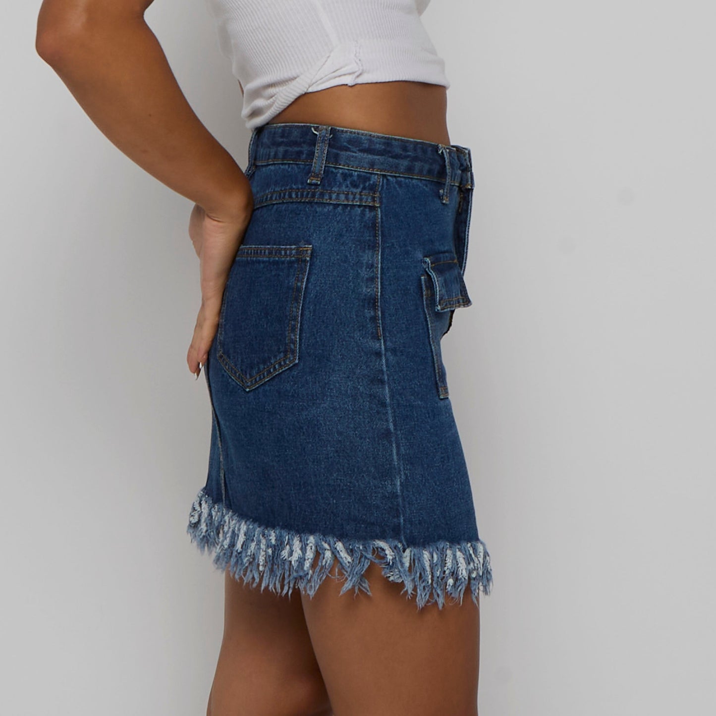 Fringe Hem Denim Skirt - UK 8