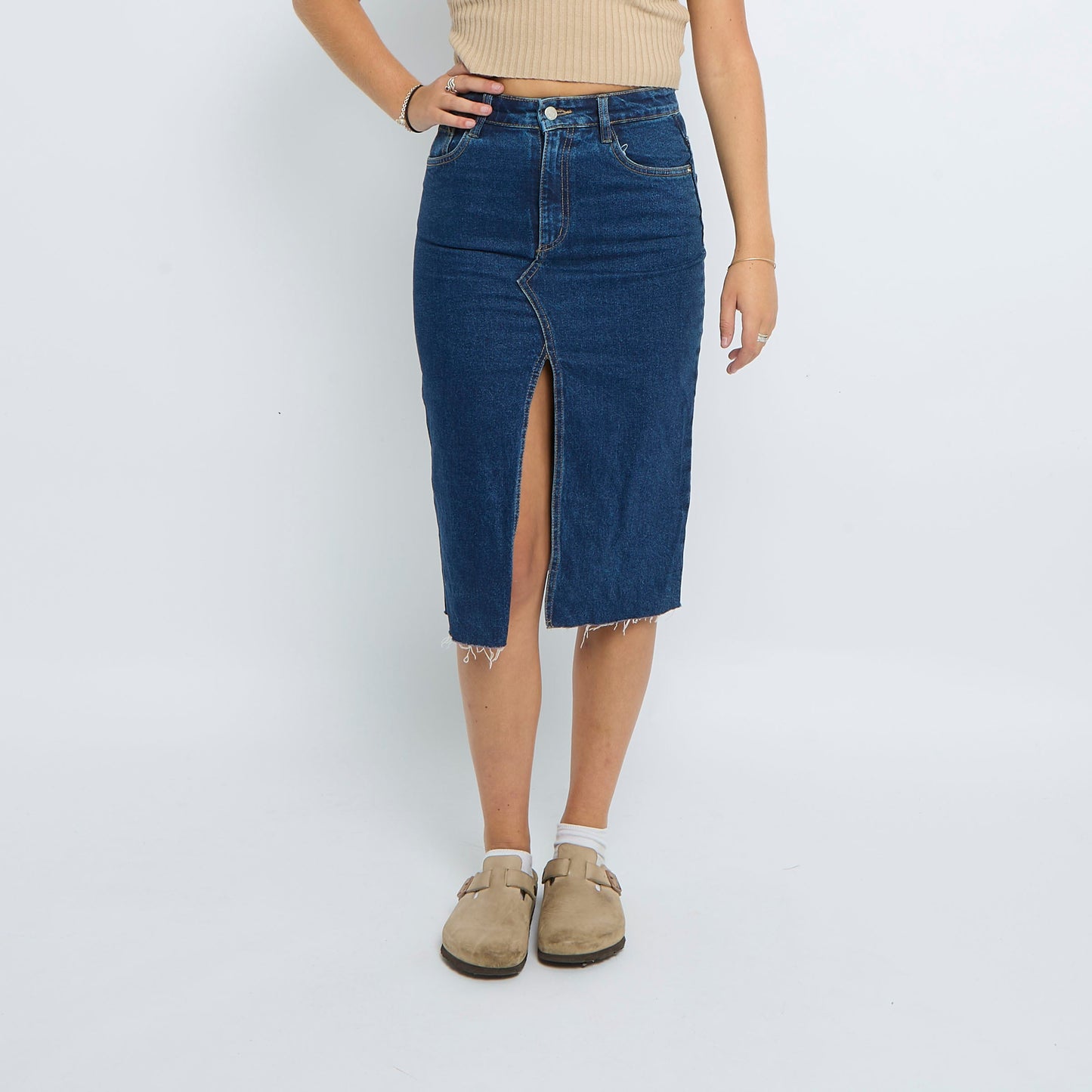 Denim Frayed Midi Skirt - UK 8