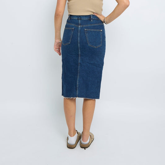 Denim Front Split Frayed Hem Midi Skirt - UK 8