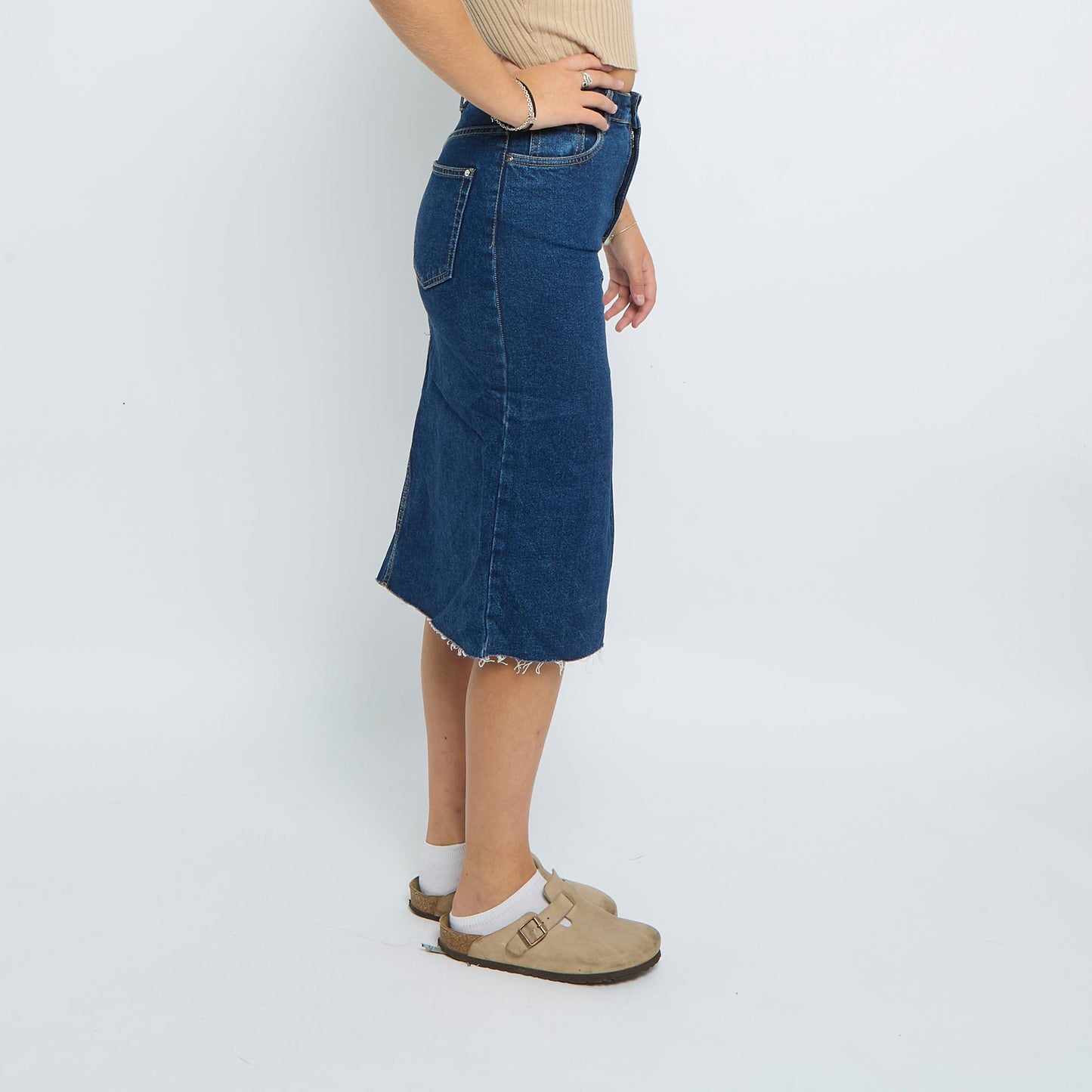 Denim Front Split Frayed Hem Midi Skirt - UK 8