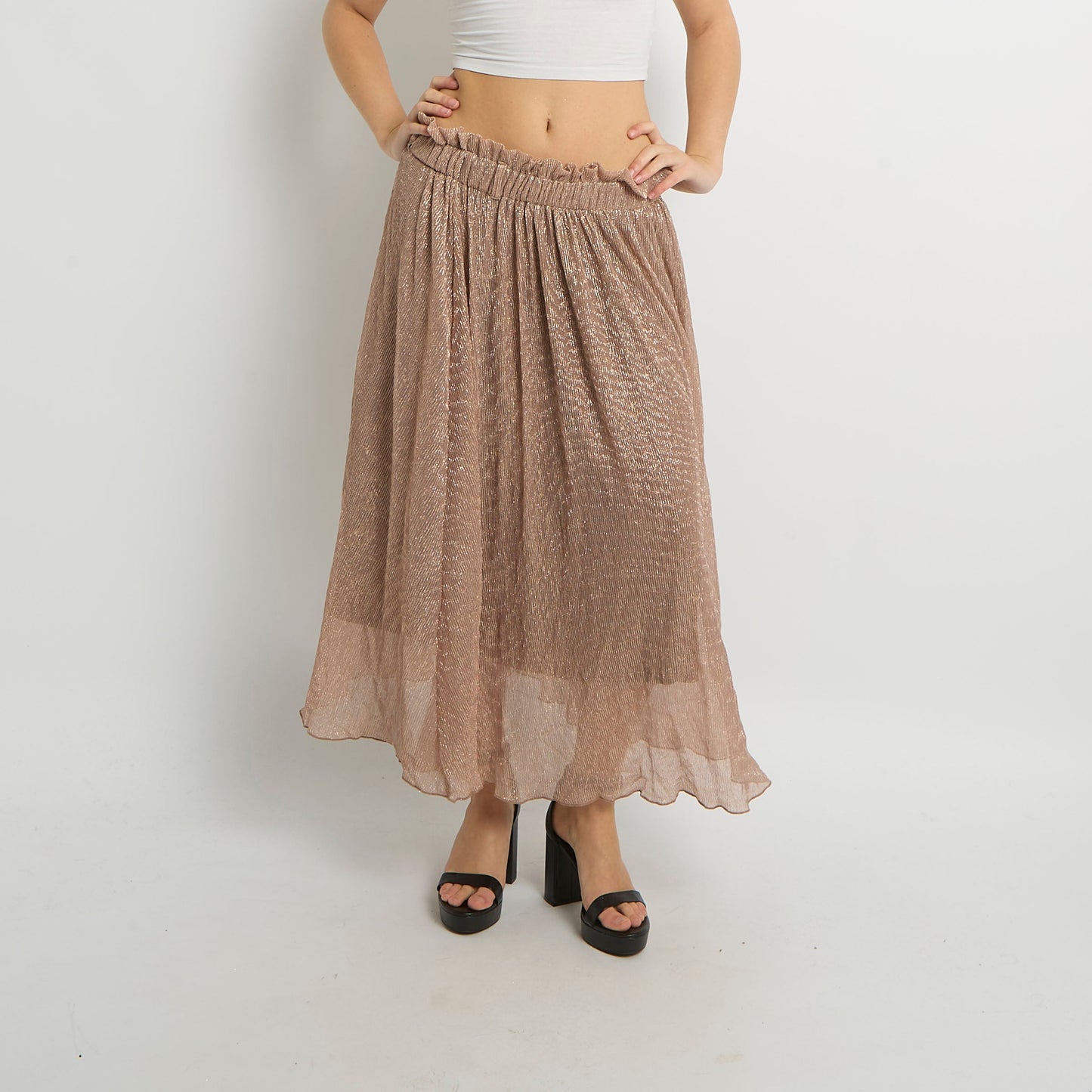 Shimmer Mesh Ruffle Waist Maxi Skirt - UK 8