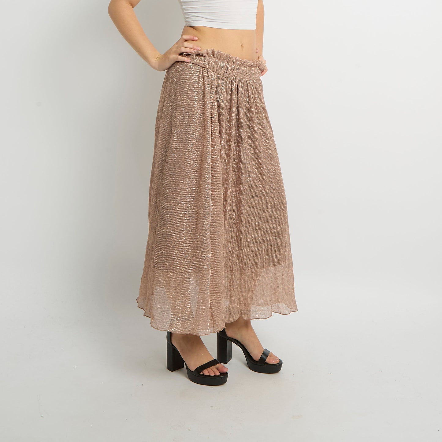 Shimmer Mesh Ruffle Waist Maxi Skirt - UK 8