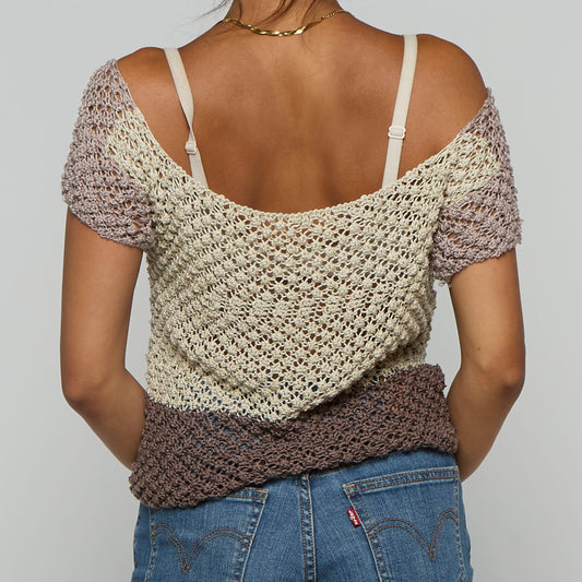 Crochet Knit Wide Neck Colour Block Top - UK 4