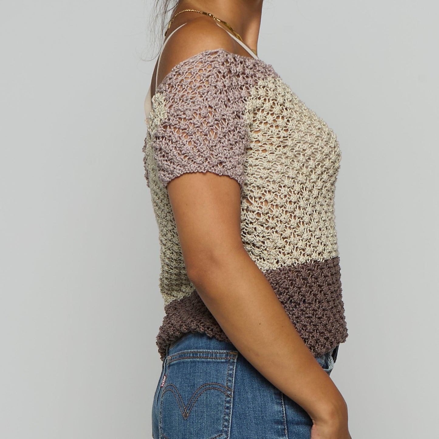 Crochet Knit Wide Neck Colour Block Top - UK 4