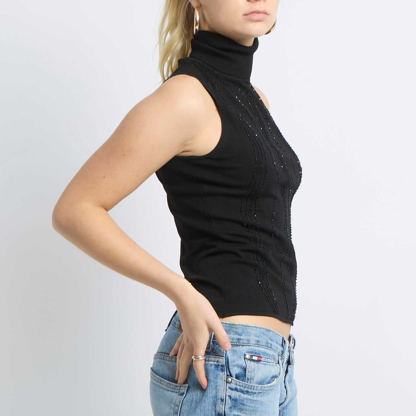 Beaded Detail Turtleneck Tank Top - UK 10