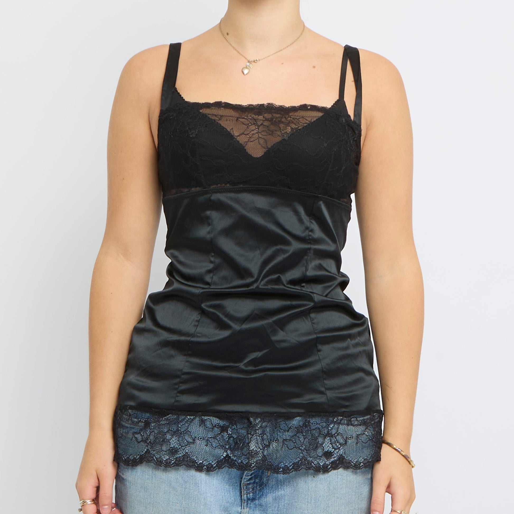 Lace Detail Satin Strappy Top - UK 10