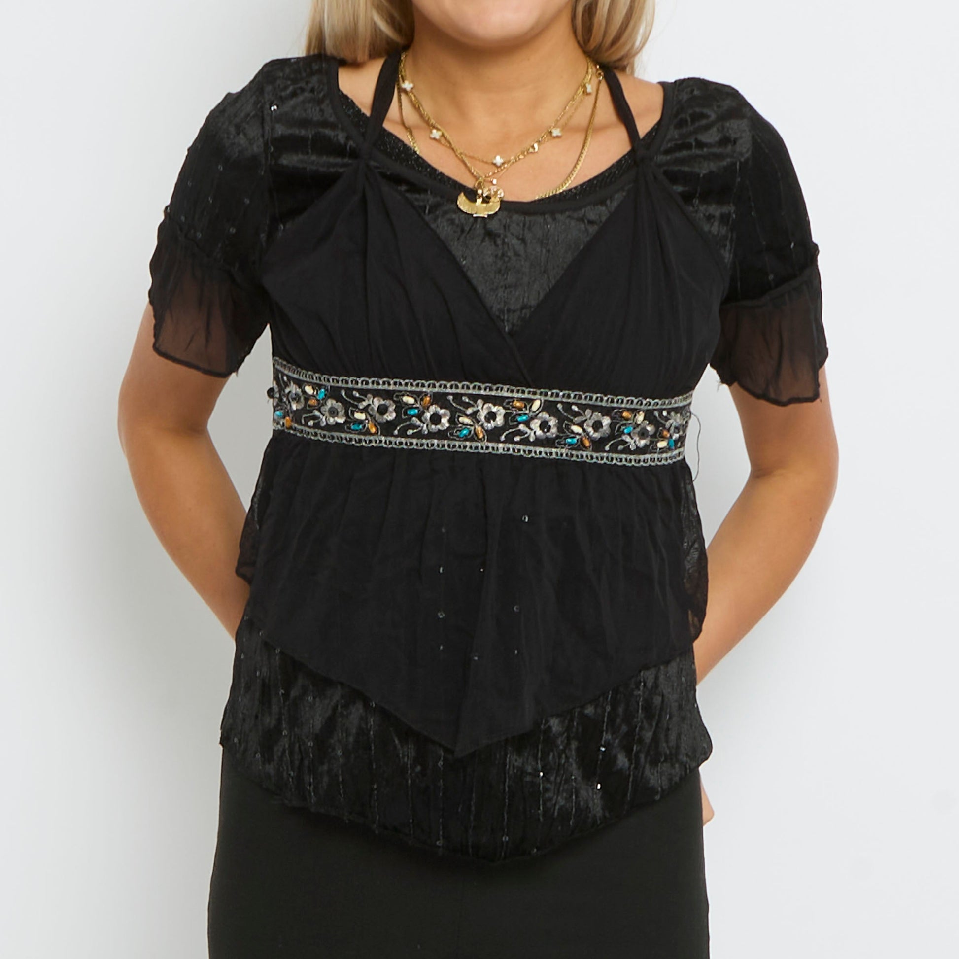 Satin Sequin Detail Shortsleeve Top - UK 10