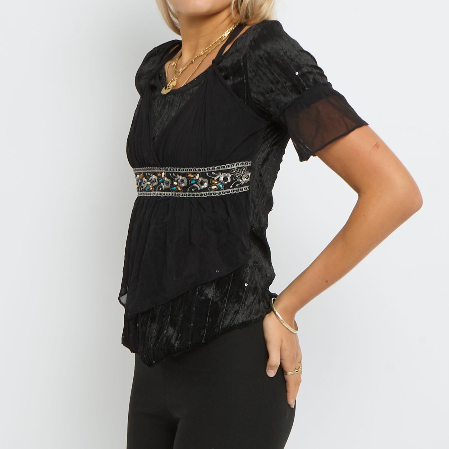 Satin Sequin  Short Sleeve Top - UK 10