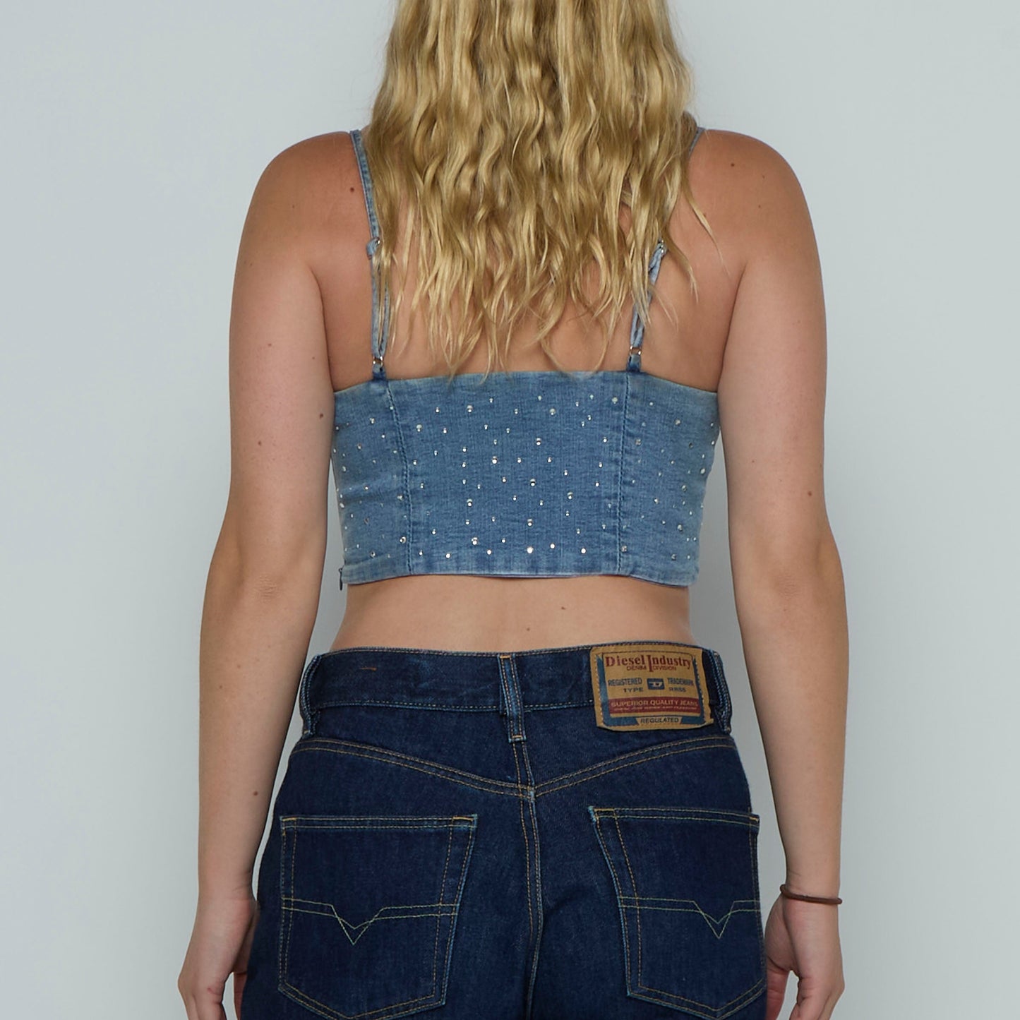 Denim Diamanté  Crop Top - UK 10