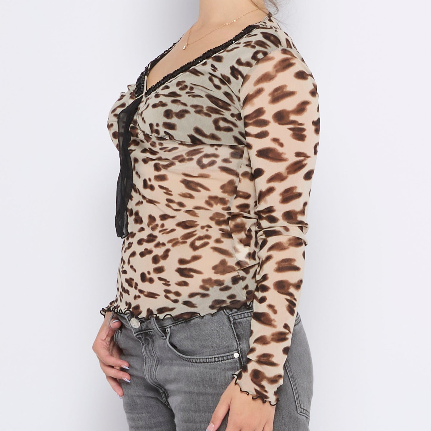 Leopard  V-Neck Mesh Top - UK 10