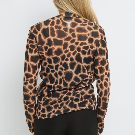 Leopard  Mesh Long Sleeve Tie Neck Top- UK 10