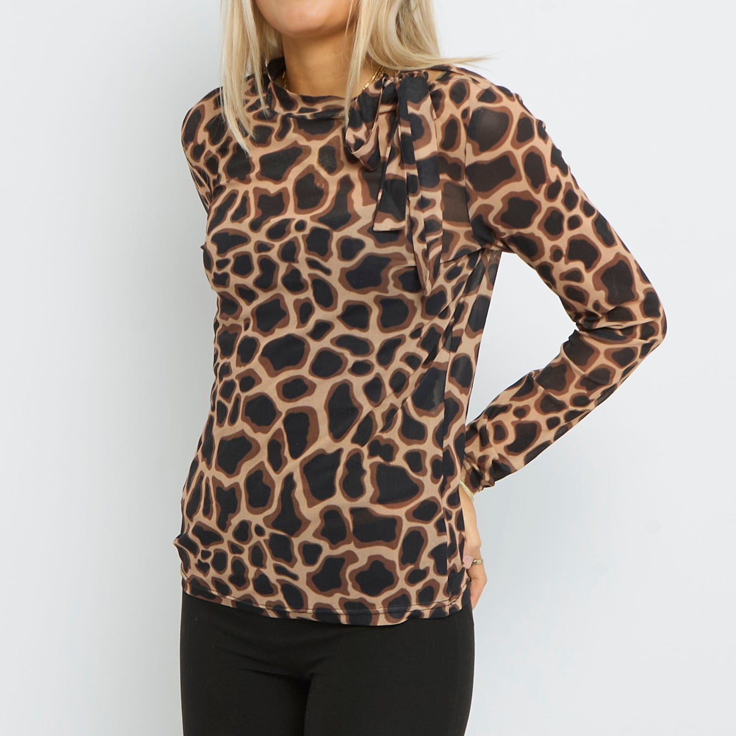 Leopard  Mesh Long Sleeve Tie Neck Top- UK 10